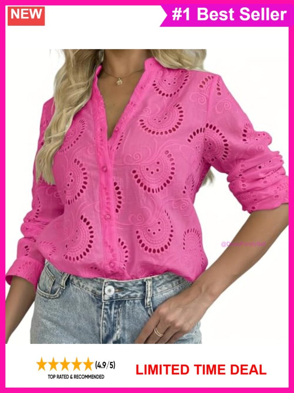 100% Cotton Eyelet Lace V-Neck Button Down Gauze Blouse Women